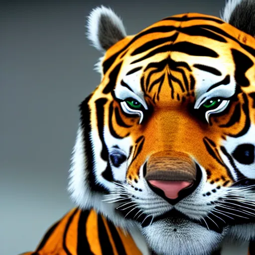 Image similar to portrait of a scientist man with a tiger head and a white blouse, ultra detail, ultra realistic, unreal engine, 8 k