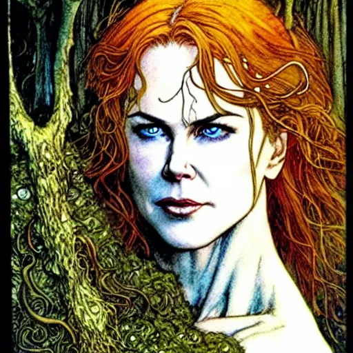 Image similar to a realistic, very beautiful and atmospheric portrait of a young and lithe nicole kidman as a druidic warrior wizard looking at the camera with an intelligent but seductive gaze by rebecca guay, michael kaluta, charles vess and jean moebius giraud