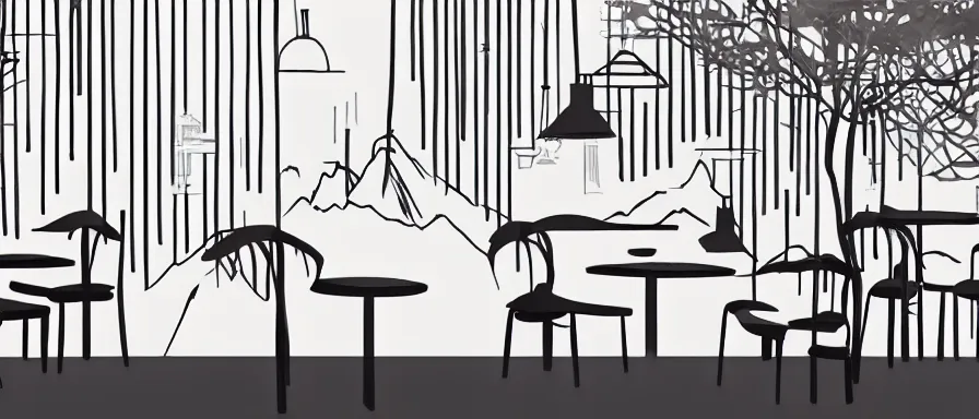 Prompt: a beautiful simple interior 4 k hd wallpaper illustration of small roasted string hotpot restaurant restaurant yan'an, animation illustrative style, from china, restaurant wallpaper is tower and mountains, rectangle white porcelain table, black chair, fine simple delicate structure, simple style structure decoration design, victo ngai, james jean, 4 k hd