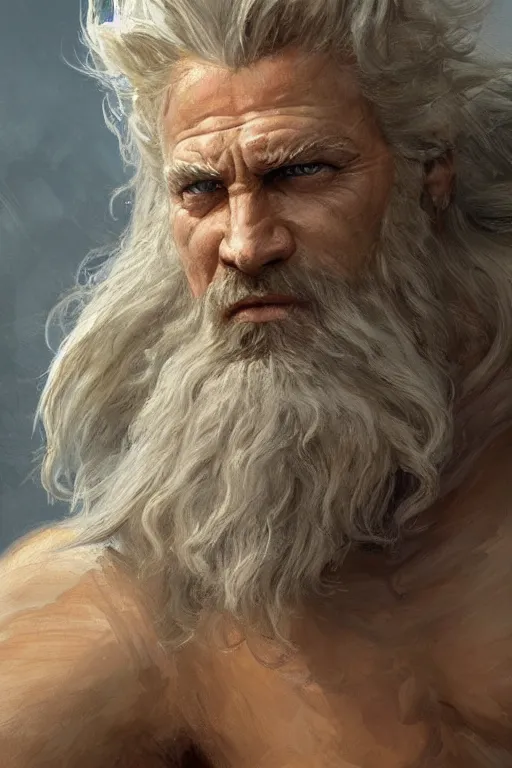 Image similar to painted portrait of rugged zeus, god of thunder, greek god, white hair, masculine, mature, handsome, upper body, muscular, hairy chest, fantasy, intricate, elegant, highly detailed, digital painting, artstation, concept art, smooth, sharp focus, illustration, art by gaston bussiere and greg rutkowski