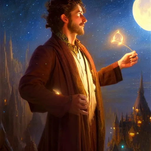 Image similar to attractive male wizard magically floating high in the night sky, fantasy, full moon in background. highly detailed painting by gaston bussiere, craig mullins, j. c. leyendecker, mid shot, 8 k