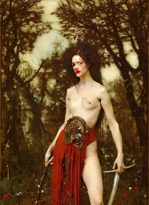 Prompt: of an ancient roman warrior, goddess of flora and fauna, hunting, femininity and fertility, the personification of the moon with red lips, with curls of long white hair, standing in the middle of the forest and birds, in leather overalls from lee alexander mcqueen, iron armor, heels, very beautiful style, edgard maxence titian 8 k