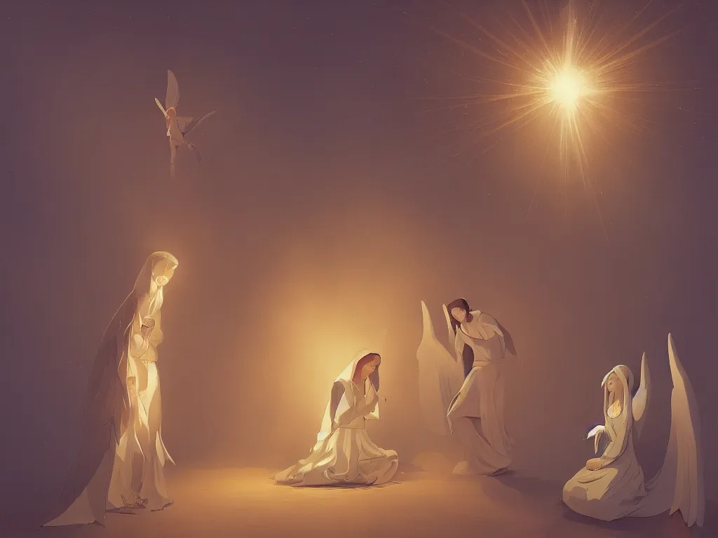 Prompt: the annunciation with mary on the left and archangel on the right, with a beam of light coming down from the top right towards mary on the left, by goro fujita, trending on artstation, 8k, highly detailed, digital graphic art