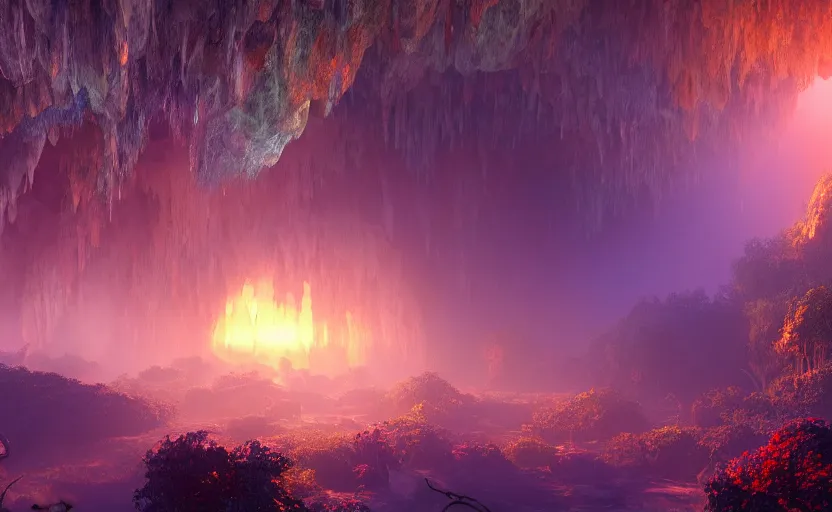 Image similar to a beautiful and stunning digital render of a humongous opal cave, dimly glowing crystals, vines, haze, waterfall, volumetric lighting, photorealistic, red sky, sunset, unreal engine 5, ultra detail, trending on artstation