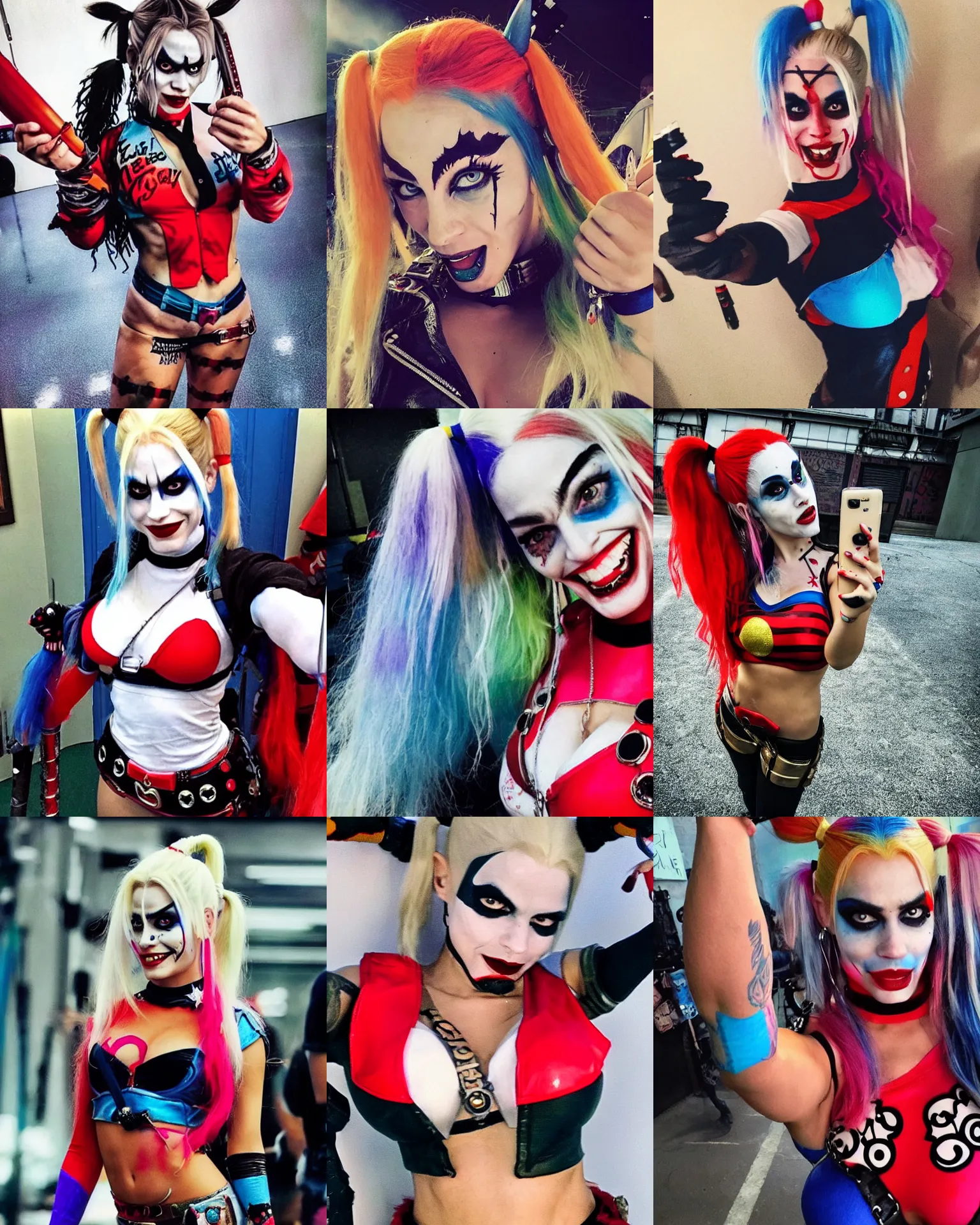 Prompt: a full - body selfie of sommer ray as harley quinn on the set of 2 0 1 6's suicide squad,!!!!!!!!!!!! extremely - distended - chubby - belly!!!!!!!!!!!!, focus on facial details, instagram post, 8 k resolution