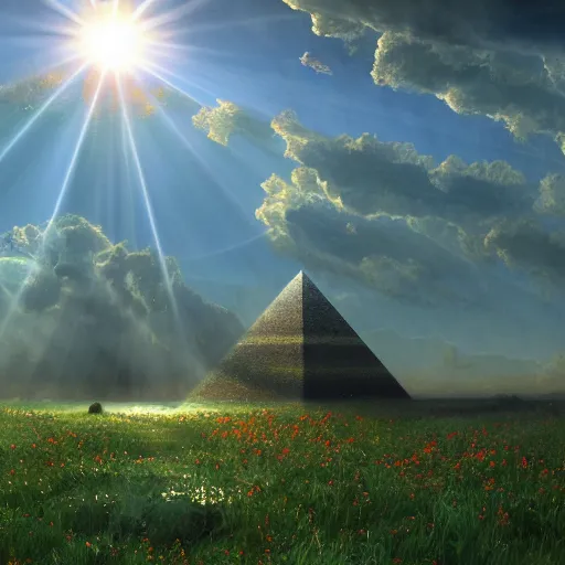 Image similar to rhythmic interval tectonic surfaces as resonant waves of harmonic organic mystical megastructure crystal lattice pyramid architectures exploding with light and god rays in a meadow full of wildflowers by albert bierstadt, by glen small, by giovanni battista piranesi, photorealistic, god rays, octane render, depth of field, volumetric light, volumetric fog, holy spirit