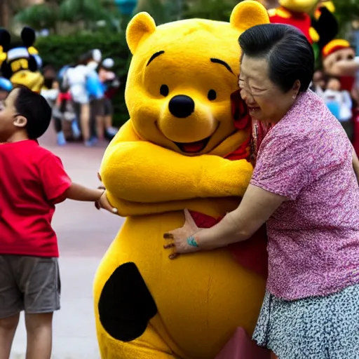 Image similar to Xi Jinping (President of the People's Republic of China) hugging Winnie the Pooh at Disney World in Florida, Getty Images, 4k, DLSR
