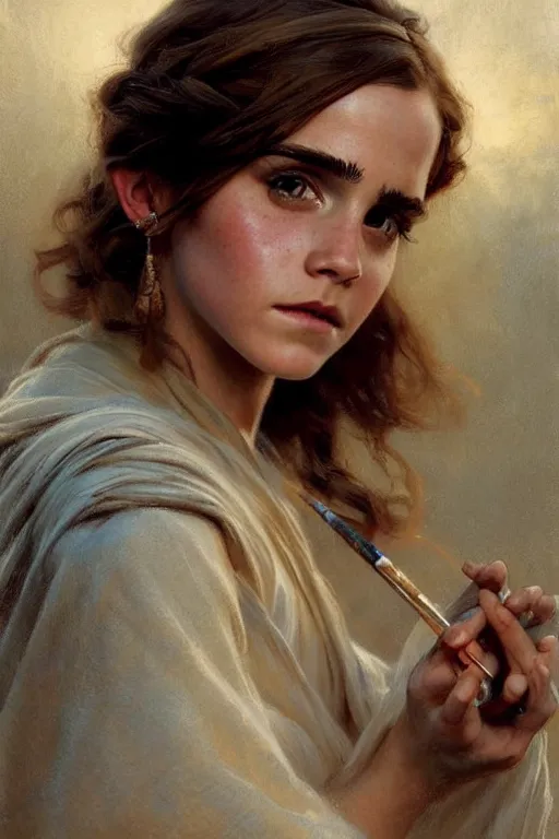 Prompt: detailed portrait of a beautiful emma watson dressed as jedi, painting by gaston bussiere, craig mullins, j. c. leyendecker