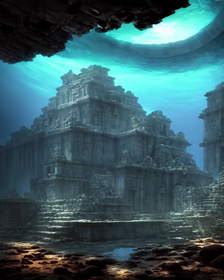 Image similar to ultrawide shot of submerged pre - incan temple, anime style mixed with fujifilm, dark, underwater, symmetrical, bubbles, abyss, dark, murky, foggy, atmospheric, crepuscular rays, artstation, cgsociety, octane render, cgi, unreal engine 5, denoise, detailed, cinematic masterpiece