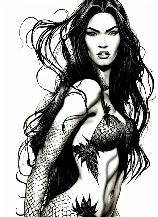 Image similar to concpet art, full shot, traditional ink, sketch, of megan fox as poison ivy, line sketch, intricate, elegant, highly detailed, monochrome, digital painting, artstation, concept art, sharp focus, illustration, art by borderlands 3 and peter polach
