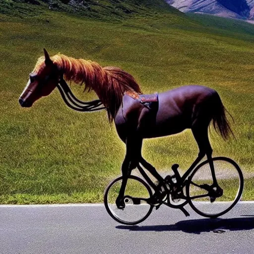 Prompt: horse bicycle!!!, cycling!!, anthropomorphic!!!!!, mountains, humanlike, award winning photo,