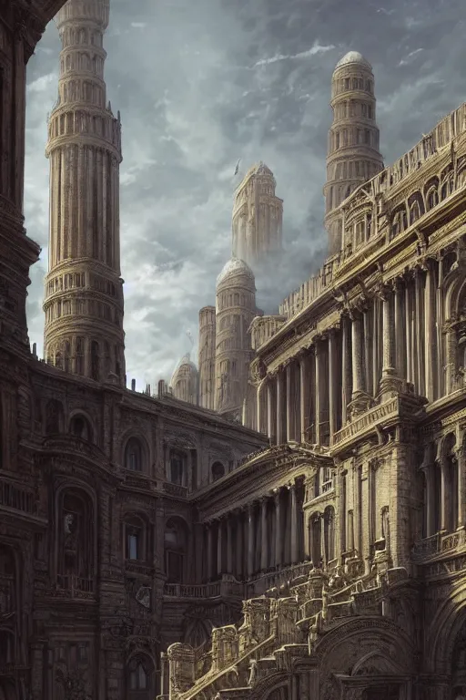 Image similar to gigantic palace, adorned pillars, towers, landscape, alex ross, neal Adams, david finch, concept art, matte painting, highly detailed, rule of thirds, dynamic lighting, cinematic, detailed, denoised, centerd