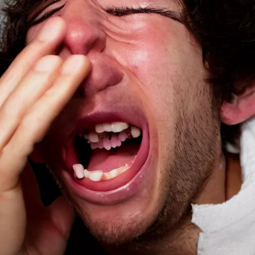 Prompt: high quality Foto of a human face around 20 years old, closeup, mid sneeze