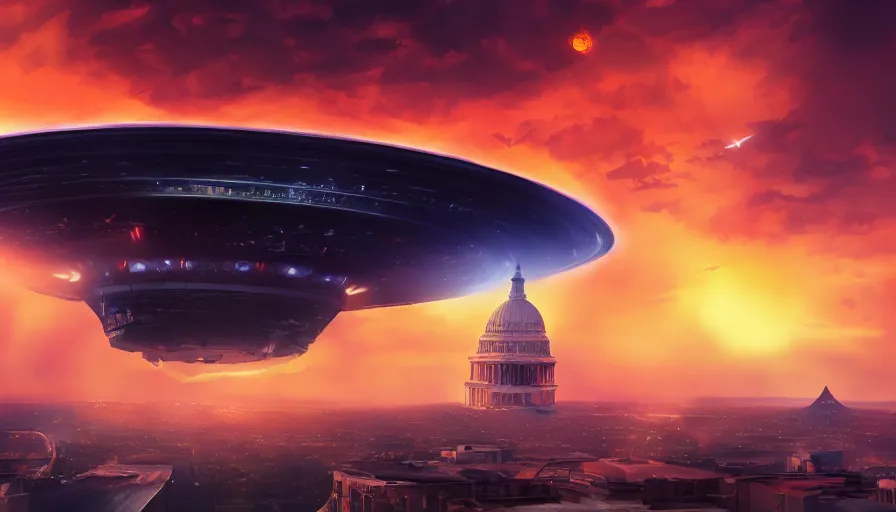 Image similar to gigantic ufo upon washington dc, sky on fire, hyperdetailed, artstation, cgsociety, 8 k