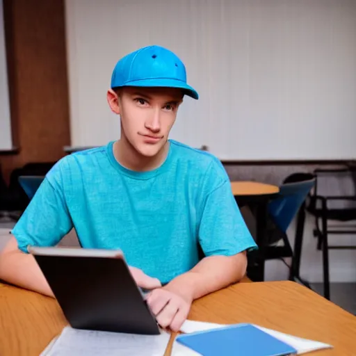 Image similar to back of short college guy with short blonde hair and a blue baseball cap sitting in a chair typing an essay on a laptop