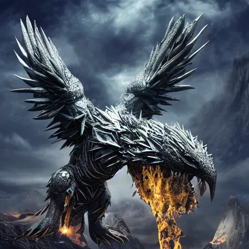 Image similar to evil spiky silver bubble screaming eagle kaiju, cinematic, epic scale, hyper detailed, photorealistic, rule of thirds, 8 k.