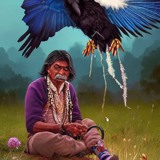 Image similar to n elderly indian don juan is sitting in a field with peyote and smoking a pipe, a raven walks next to him, by miho hirano, ross tran and ilya kuvshinov, realistic, detailed, beautiful fantasy detailed trending on artstation, oil painting, dramatic lighting, eterea, high quality print, fine art with subtle redshift rendering