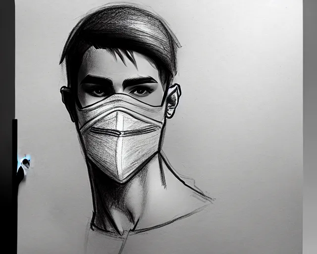 Image similar to draft drawing of a european young man with fabric mask, draft sketch, trending on artstation, context art, pencil sketch, high detail