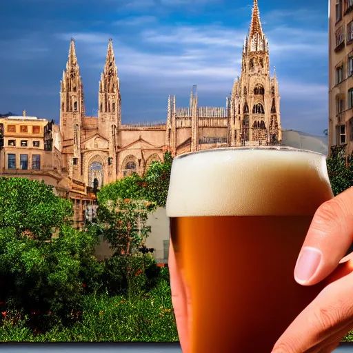 Image similar to A wild humanoid Puma holding a fresh beer with its paws in the city centrum from Palma de Mallorca with Palma Cathedral in the background, highly detailed, octane render