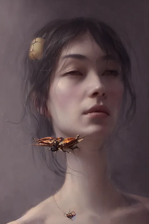 Image similar to a fancy portrait of a women with bug jewelry by greg rutkowski, sung choi, mitchell mohrhauser, maciej kuciara, johnson ting, maxim verehin, peter konig, 8 k photorealistic, cinematic lighting, hd, high details, dramatic, atmosphereric, trending on artstation