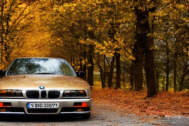 Image similar to A BMW e36 parked in a road with trees, autumn season, Epic photography, taken with a Canon DSLR camera, 250 mm, depth of field