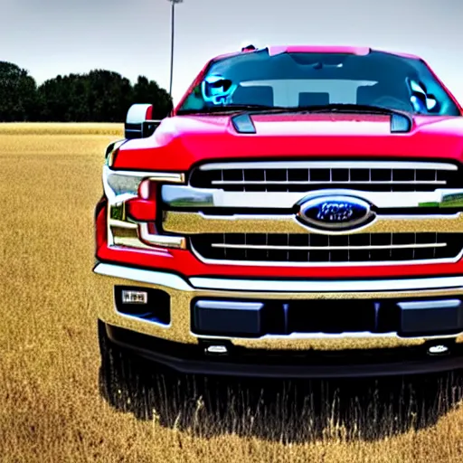 Image similar to A photograph of a red Ford F-150 pickup truck (2018) in a farm field, photo taken in 2018