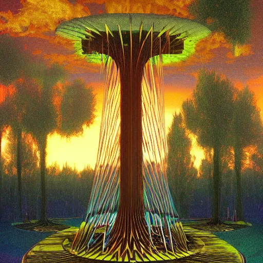 Image similar to synthwave deepfried excited New York cylinder cougar poplar tree chair baggage , by Albert Bierstadt and Beeple and Wojciech Siudmak , tarot card , 8K , masterpiece