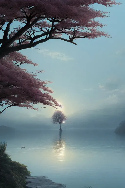 Image similar to a distant sakura tree on a lake, viewed from afar, stephen bliss, misty, unreal engine, fantasy art by greg rutkowski, loish, rhads, ferdinand knab, makoto shinkai and lois van baarle, ilya kuvshinov, rossdraws, tom bagshaw, global illumination, radiant light, minimalist, illustration, detailed and intricate environment