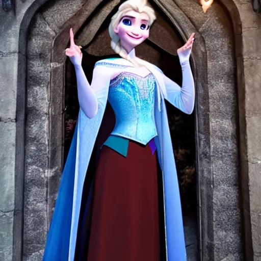 Prompt: photo of Elsa from Frozen as a witch in Hogwarts from Harry Potter, wearing the Griffyndor attire, dramatic lighting