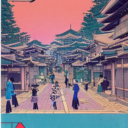 Prompt: 1979 travel magazine cover depicting a futuristic Japanese village at street level. Art in the style of Moebius, cyberpunk, masterpiece