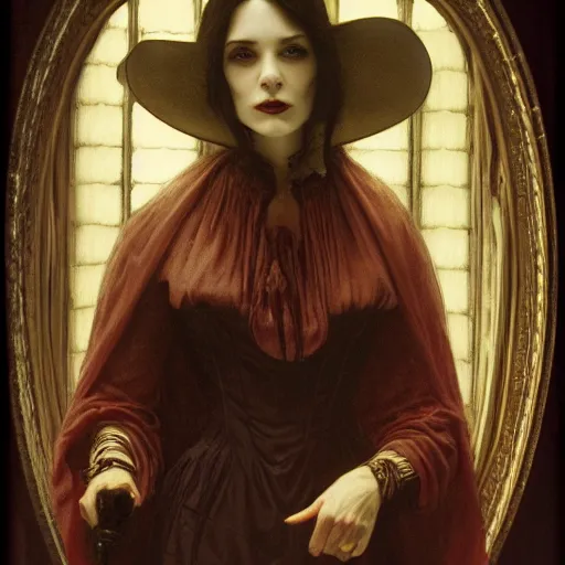 Image similar to portrait of a lady vampire, 35mm, 1800s, rim light, depth of field, DOF, ominous, sharp, highly detailed, photorealistic, realistic, unreal 5, high definition, 8k, deviantart, donato giancola, irwin penn, Alphonse Mucha
