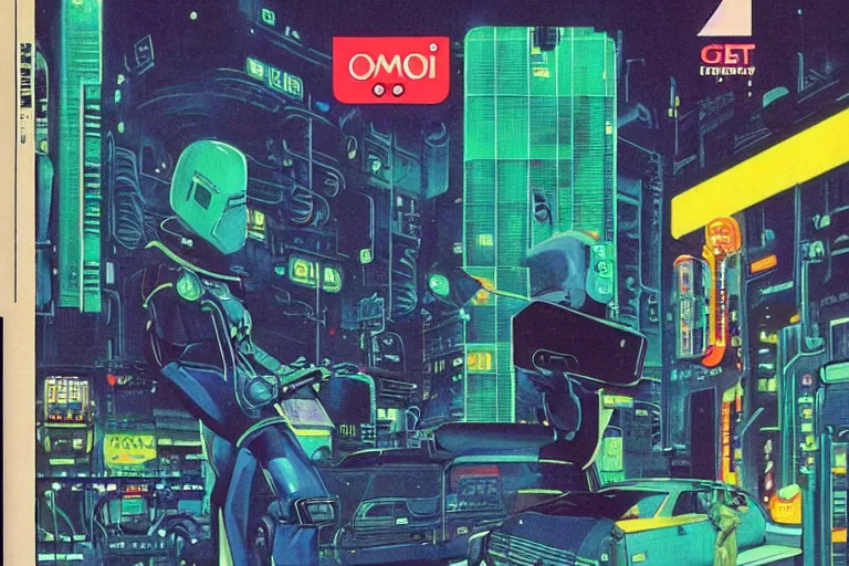 Image similar to a 1979 cover of OMNI magazine depicting a gameboy. Neo-Tokyo. Cyberpunk style art by Vincent Di Fate.