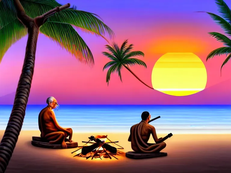 Image similar to gandhi sitting on a beach next to a campfire with palm trees in the back, holding a cigar, sunset, surrounded by different animals, parrots, turtle, lizard, crab, coconuts,, glorious lighting, epic environment, highly detailed, digital art, hyper realistic, beautiful, 8 k