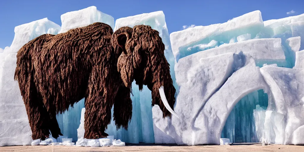 Prompt: an ice sculpture of a wooly mammoth melting in a desert, cinematic