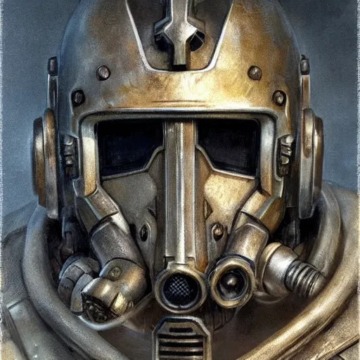 Prompt: fallout power armor as a realistic fantasy knight, closeup portrait art by donato giancola and greg rutkowski, realistic face, digital art, trending on artstation, symmetry!!, skull helmet