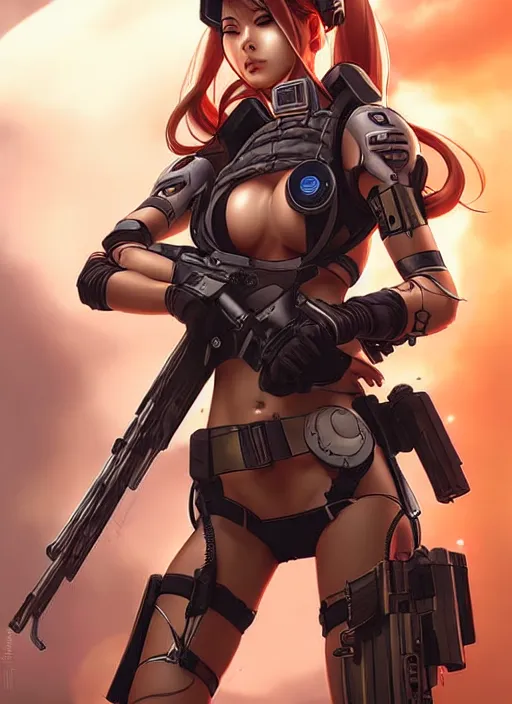 Prompt: a sexy alluring sniper girl in war, with futuristic gear and helmet, portrait by nina masic and ross tran and miho hirano, detailed, epic video game art, warm color tone