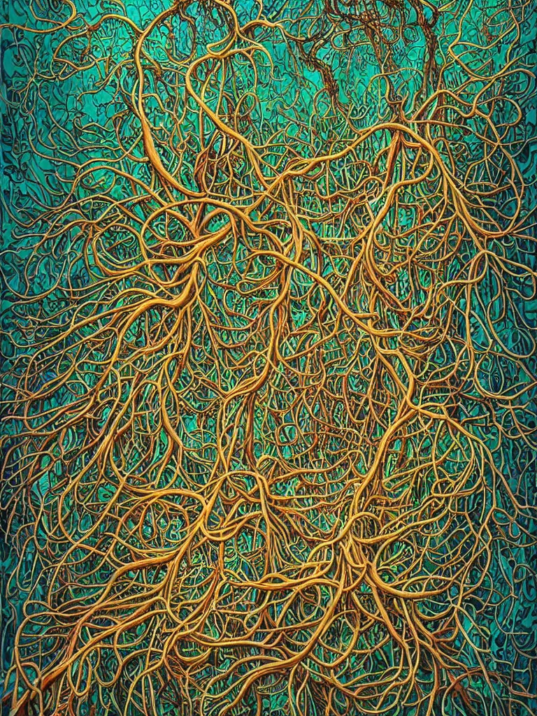 Prompt: A hyperrealistic mixed media relief of a network of hyphae, nerves, slime mold, and rhizomorphic fungus. Shaped like roots and neurons. Lovecraftian, colorful, surreal. By Dan Mumford and Ian McQue and Karol Bak.