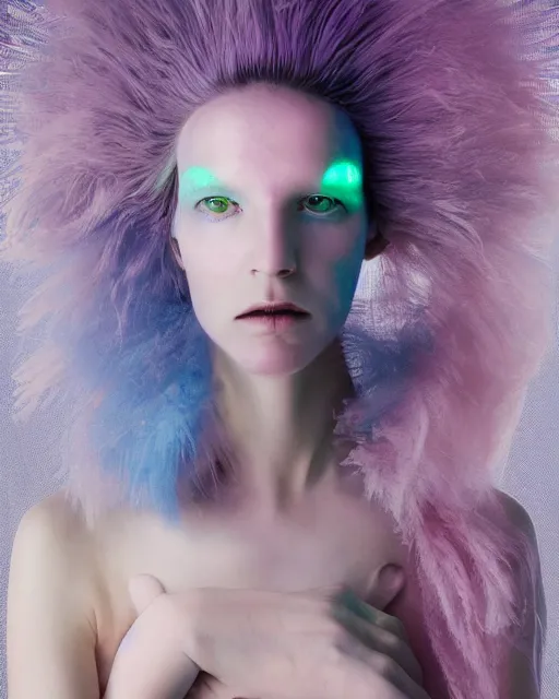 Image similar to natural light, soft focus portrait of a cyberpunk anthropomorphic anemone with soft synthetic pink skin, blue bioluminescent plastics, smooth shiny metal, elaborate ornate jewellery, piercings, skin textures, by annie leibovitz, paul lehr