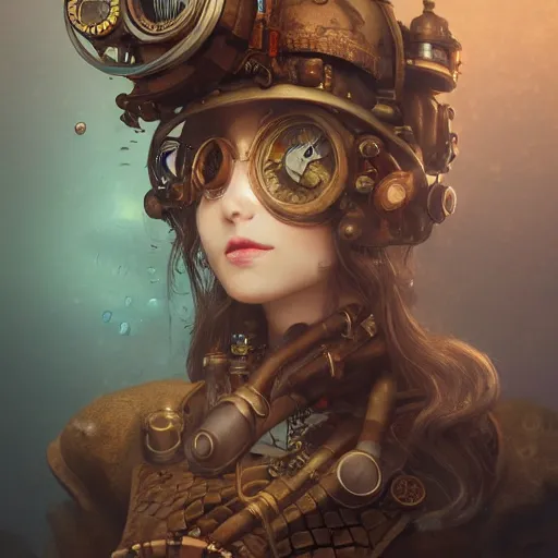 Image similar to underwater steampunk sleeping portrait, hyper detailed, digital art, trending in artstation, cinematic lighting, studio quality, smooth render, unreal engine 5 rendered, octane rendered, art style by klimt and nixeu and ian sprigger and wlop and krenz cushart.