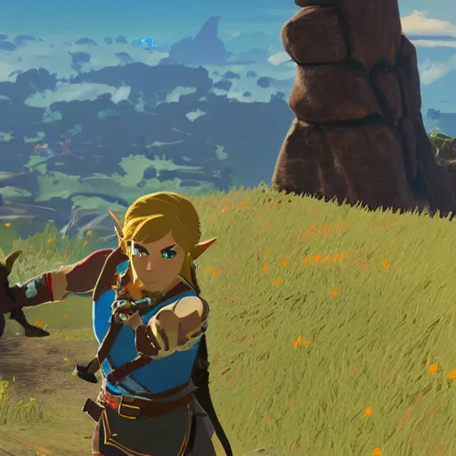 Image similar to screenshot from zelda breath of the wild game dwayne the rock johnson as zelda breath of the wild character