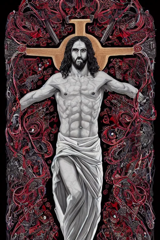 Image similar to blooded jesus christ on mayheim crosses. symmetrical anatomy, very intricate, digital design, perfect details, pop art style, colorful, accompanied by body, pure image without duplication, dribble popular, trending on arstation, drawn by ilya kuvshinov and darbotz and vinicius gud and gustavo zambelli, intricate, ultra high definition.