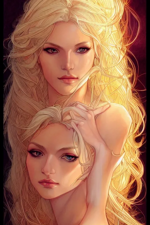 Image similar to a beautiful blond goddess girl, fantasy, portrait, sharp focus, intricate, elegant, digital painting, artstation, matte, highly detailed, concept art, illustration, ambient lighting, art by milo manara