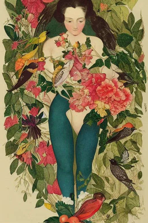 Image similar to beautiful girl Amalgamation with flowers, fruits, birds by Beto Val, John James Audubon, vintage illustration, bizarre compositions, Exquisite detail