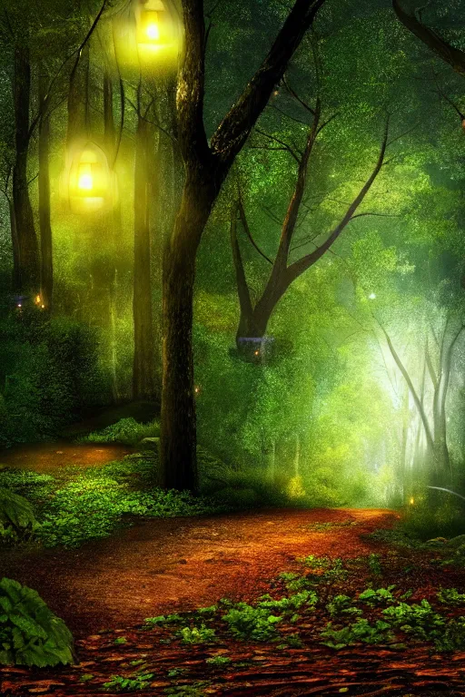 Image similar to a beautiful digital glossy clear sharp of a detailed antasy fireflies forest trees roots mushrooms fireflies moonlight and iron gate cobblestone pathway vines ground fog by james gurney, 8 k resolution trending on artstation