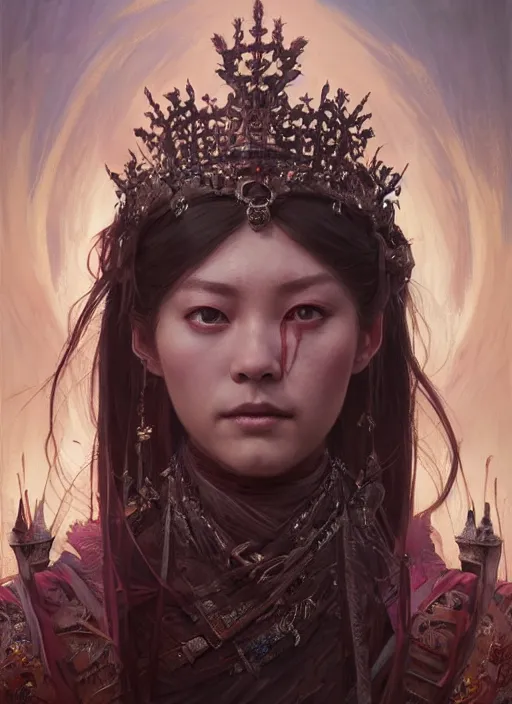 Image similar to highly detailed face portrait of majestic undead queen, stephen bliss, unreal engine, wuxia art by greg rutkowski, loish, rhads, ferdinand knab, makoto shinkai and lois van baarle, ilya kuvshinov, rossdraws, tom bagshaw, alphonse mucha, global illumination, radiant light, detailed and intricate environment