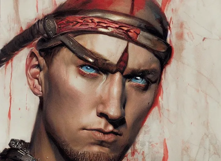 Prompt: a highly detailed beautiful portrait of eminem as kratos, by gregory manchess, james gurney, james jean