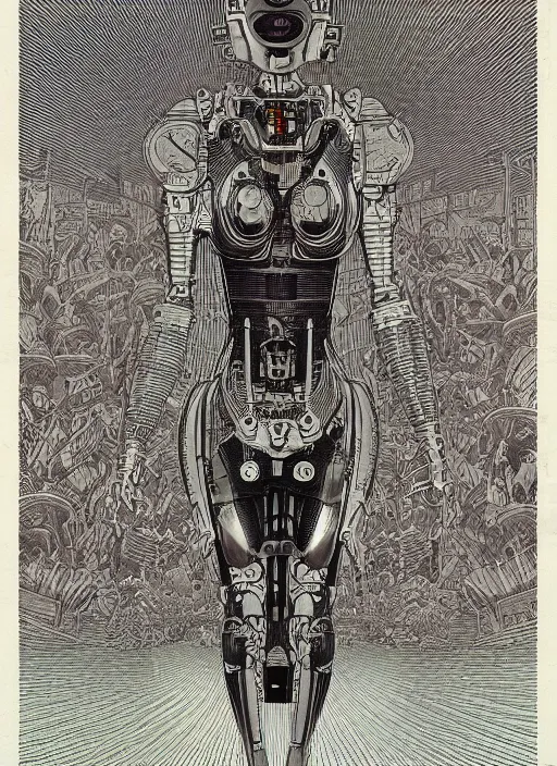 Prompt: 2 d illustration, grained risograph, vintage horror sci - fi portrait of a futuristic silver armored geisha district 9 cyborg, parallax, fractal, intricate, elegant, by jheronimus bosch and moebius louis jacques mande daguerre and szukalski