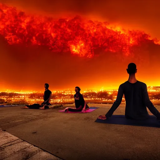 Image similar to realistic photo, destroyed city on fire with red flames in the background, calm people practicing yoga at the top of a hill in the foreground, apocalyptic atmosphere, smoke in the sky