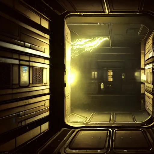 Image similar to sci fi art a prison cell in a spaceship by greg rutkowski ultrahd unrealengine volumetric lightning