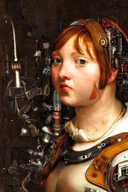 Image similar to a close - up portrait of a cyberpunk cyborg girl, by jan steen, rule of thirds